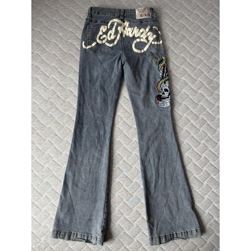 Ed Hardy Jeans‎ Womens 26 Blue Mid Rise Bootcut Skull Snake Tattoo Stretch Denim